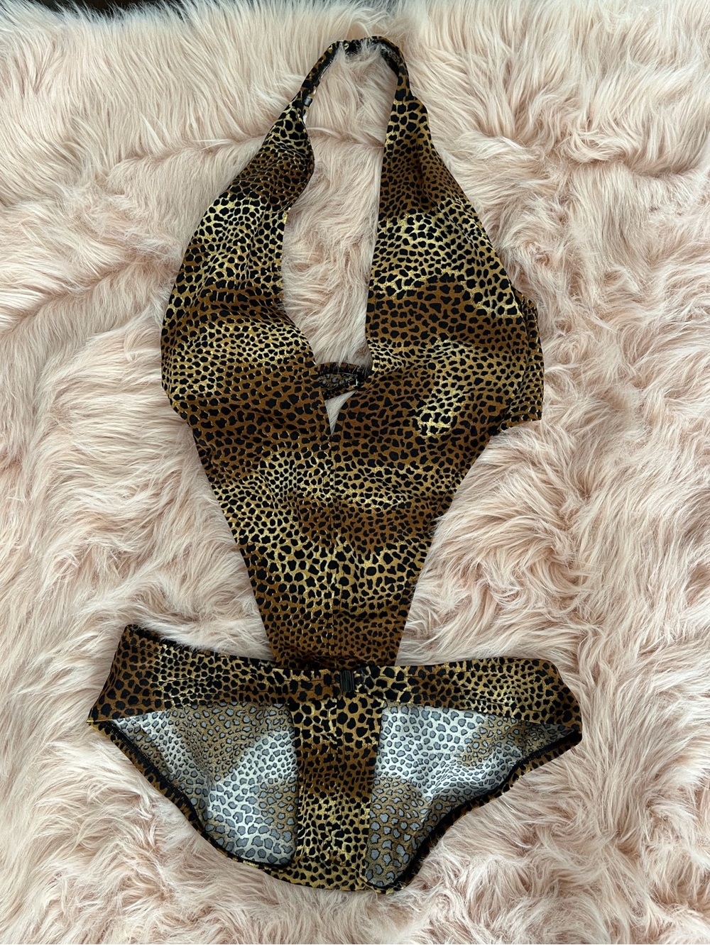 Vintage 1980’s Norma Kamali plunge halter Leopard one piece monkini sz small